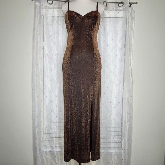 Vtg Betsy & Adam Sz 6 Metallic Copper Brown Dark Romance Vampy Maxi Dress - Picture 1 of 8